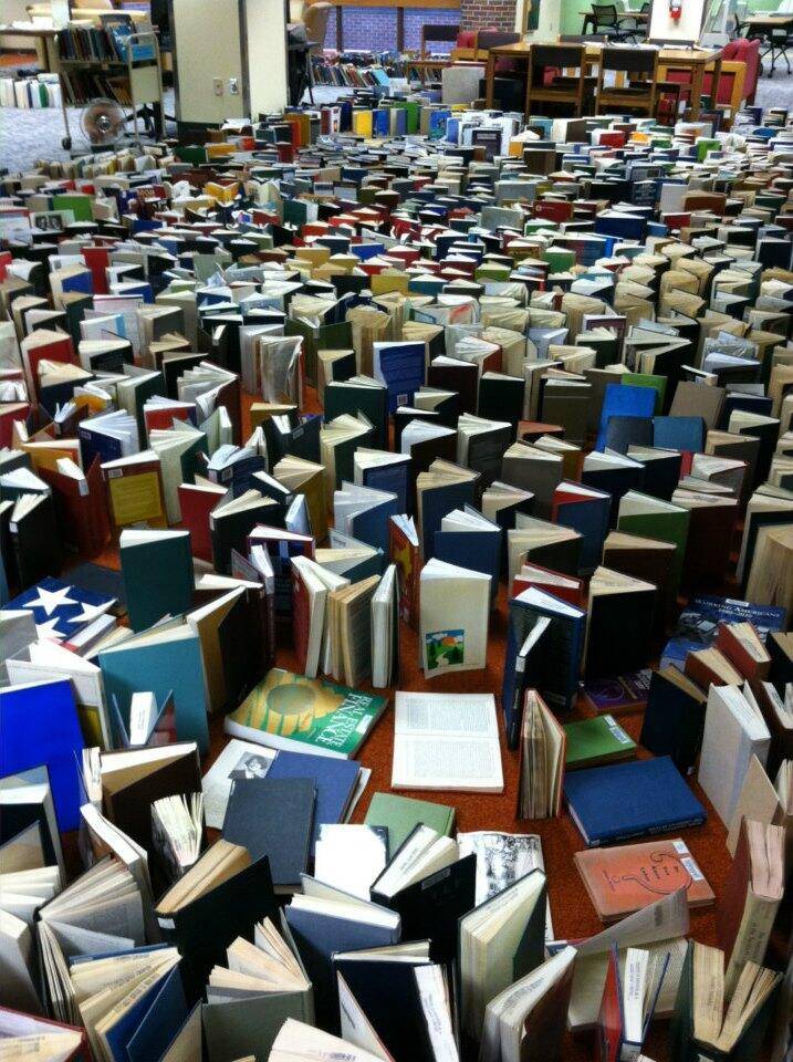 Books set out to dry at the University of Nebraska-Kearny library.