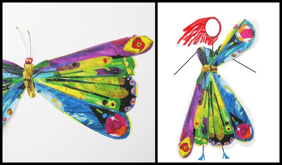 The Very Hungry Caterpillar as a butterfly gown collage