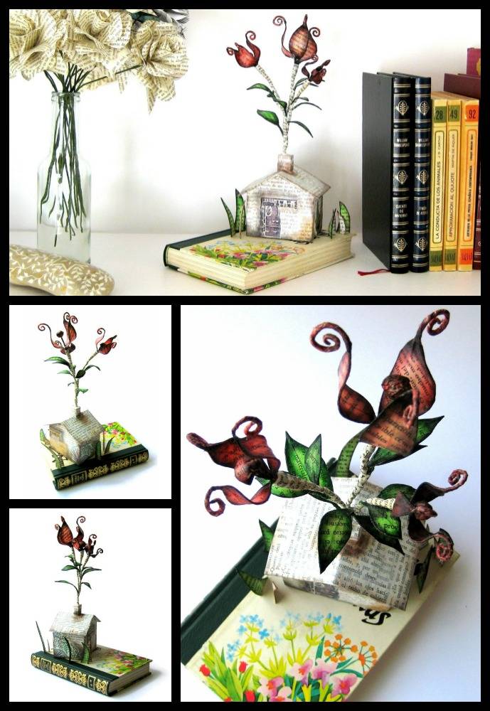 Flowers in the chimney book art sculpture by Malena Valcárcel